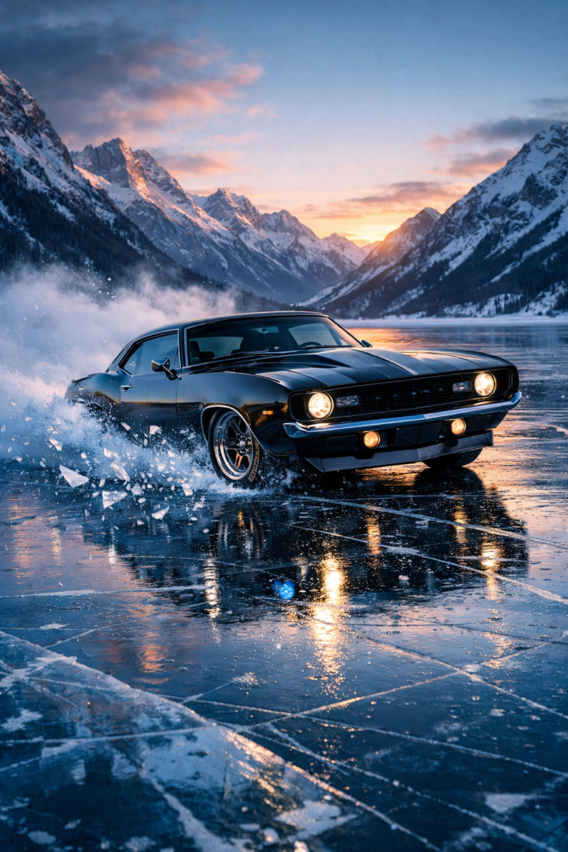 Black vintage muscle car drifting and creating ice spray on a frozen lake at sunset with snowy mountains in the background.