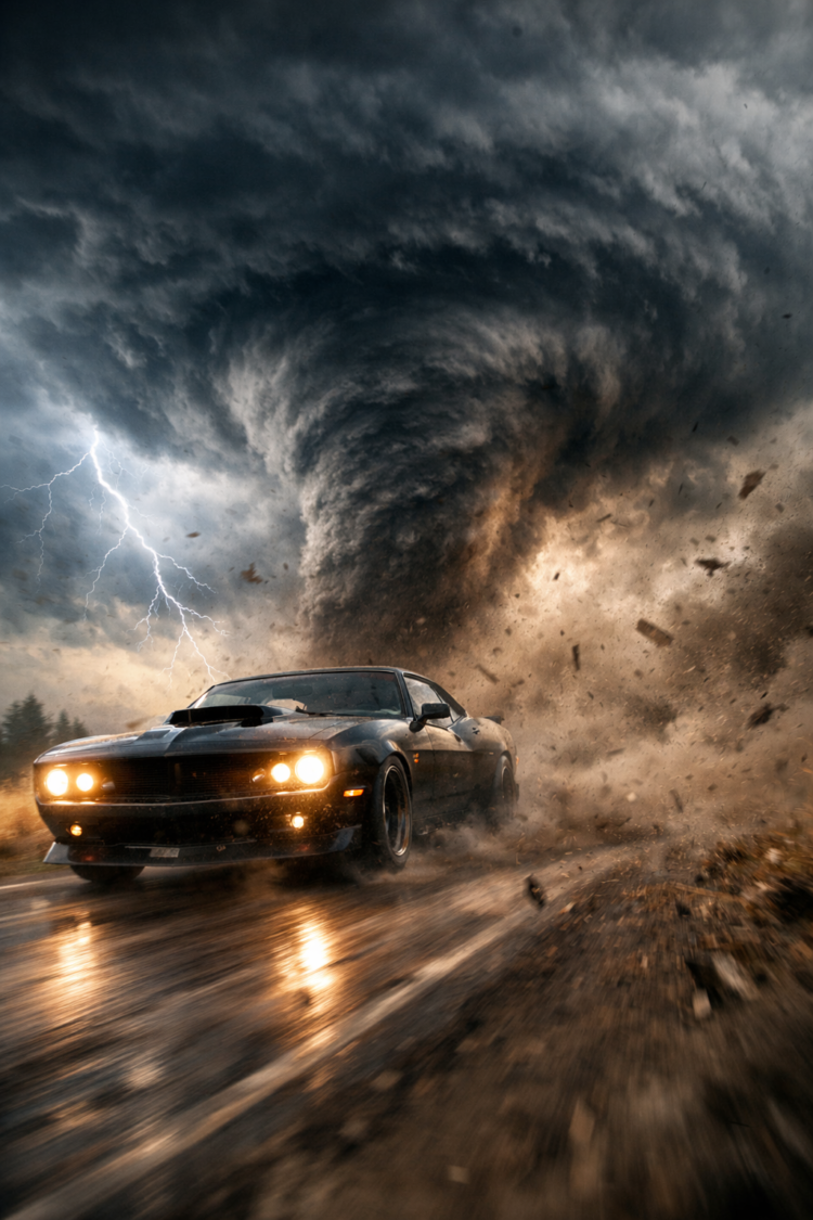 A powerful muscle car speeds on a wet road while a massive tornado twists in the background with lightning flashing in the sky.