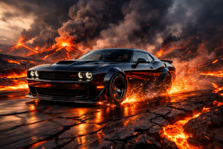 Black muscle car speeding on cracked volcanic ground with lava and fire erupting around