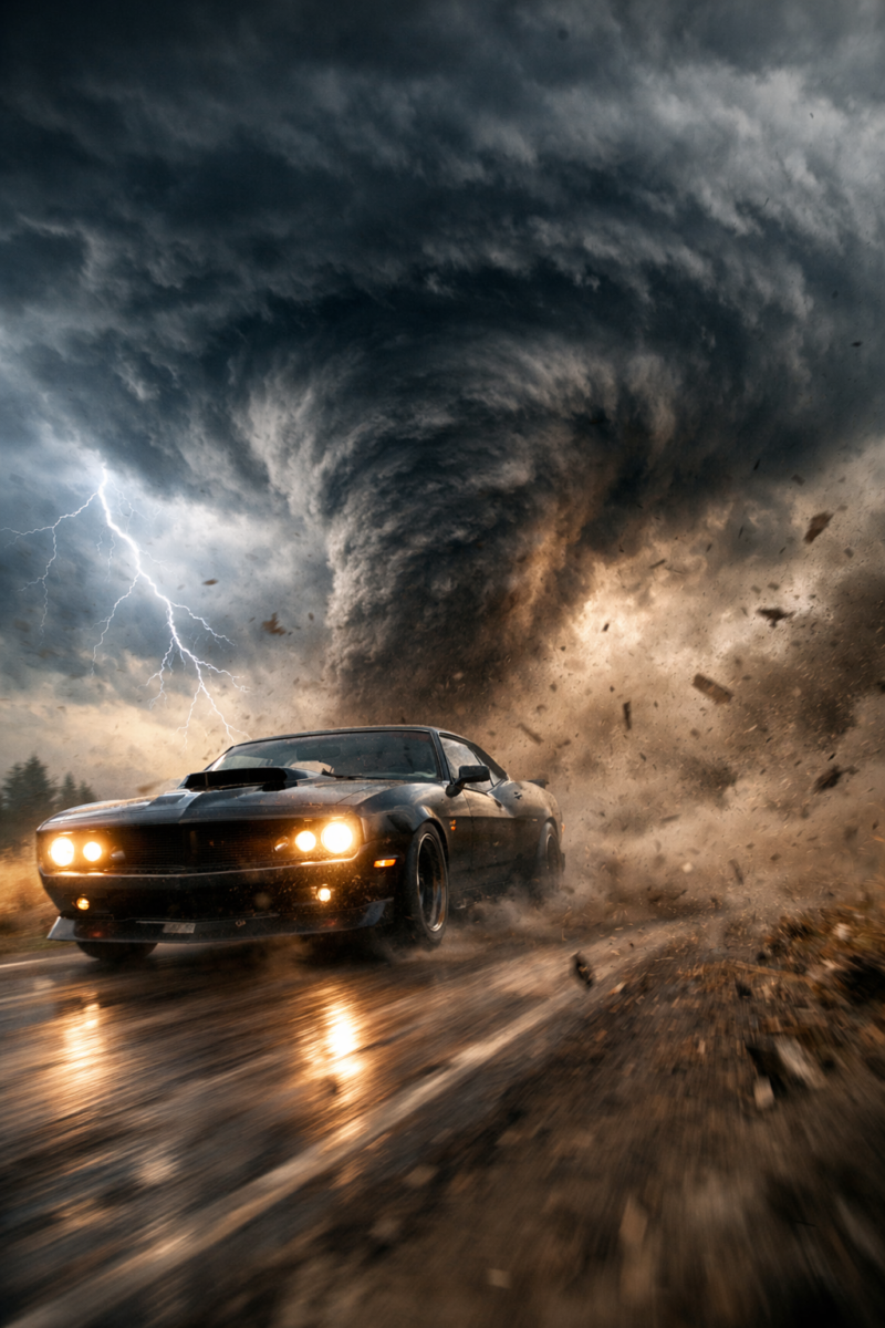 Black muscle car racing on wet road near a large tornado with lightning and flying debris during a storm