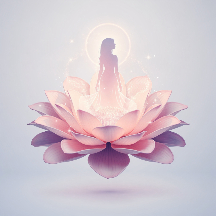 Silhouetted woman with glowing aura standing within a large, luminous pink lotus flower surrounded by sparkles and soft light