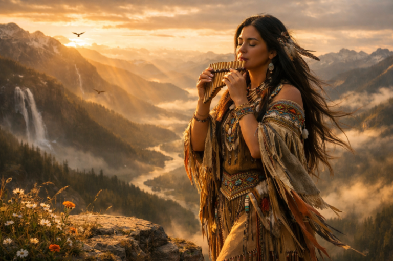 A native woman in traditional attire playing a pan flute at sunset with a mountain valley and waterfall in the background