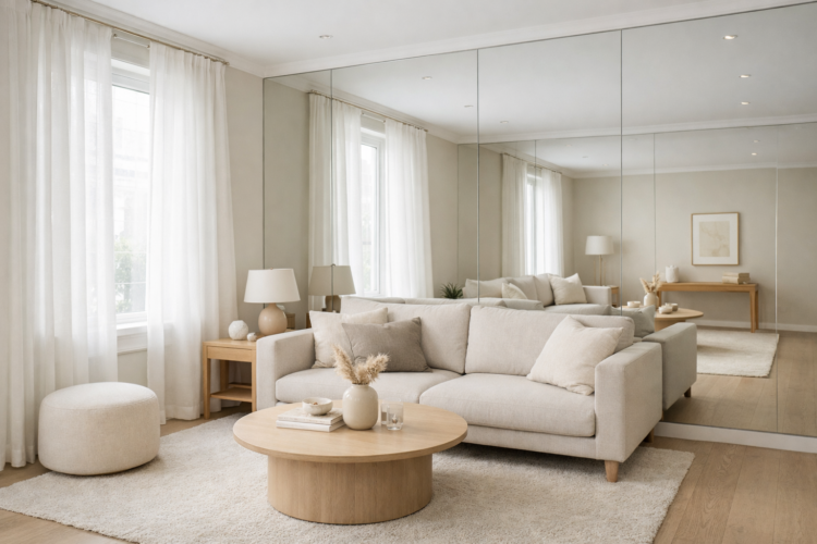 A beige neutral-toned minimalist living room featuring a soft fabric sofa, round wooden coffee table, matching pouf, and large mirror wall opposite two windows