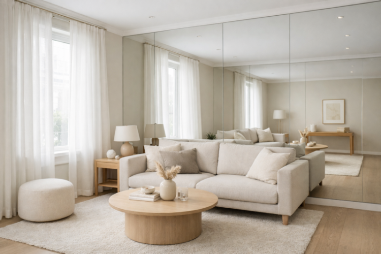 A beige neutral-toned minimalist living room featuring a soft fabric sofa, round wooden coffee table, matching pouf, and large mirror wall opposite two windows