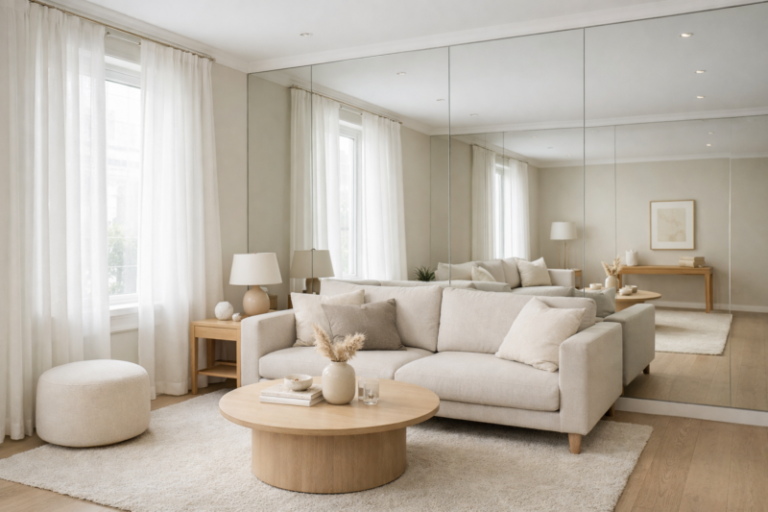 A beige neutral-toned minimalist living room featuring a soft fabric sofa, round wooden coffee table, matching pouf, and large mirror wall opposite two windows