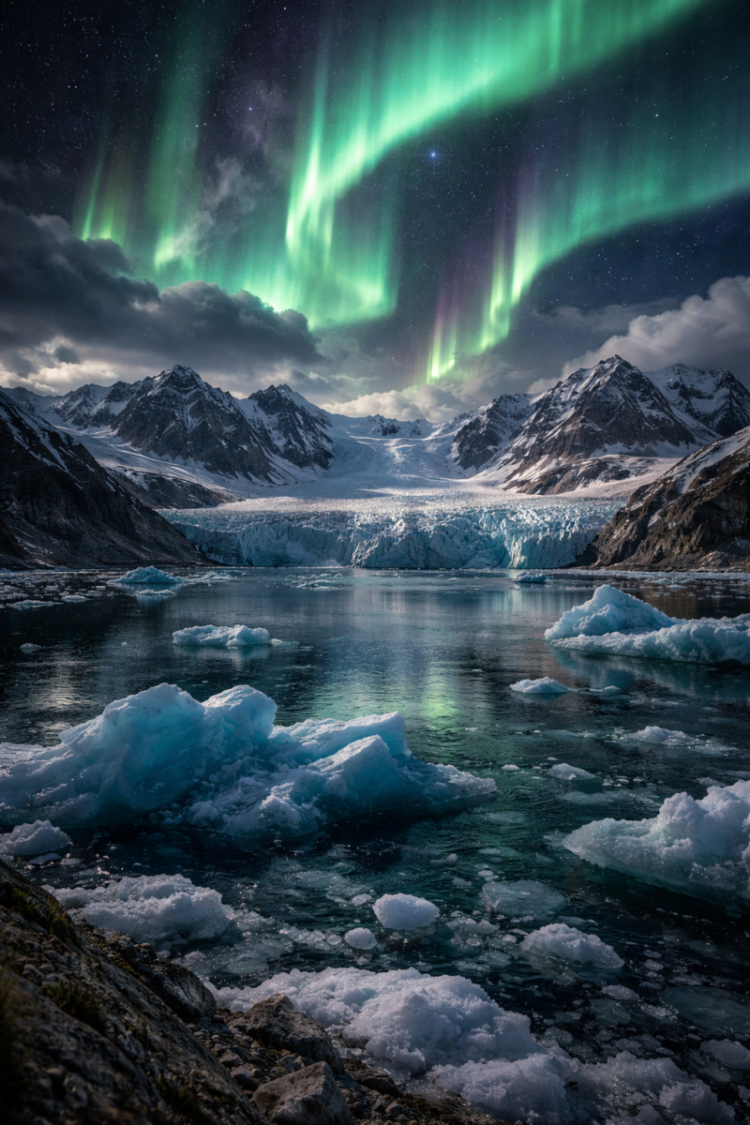 Aurora borealis in green hues dances above icy mountains and a glacier with floating ice in cold Arctic waters at night
