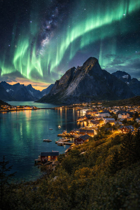 Vibrant green northern lights illuminating starry sky above Lofoten mountains and cozy village by the water at night.