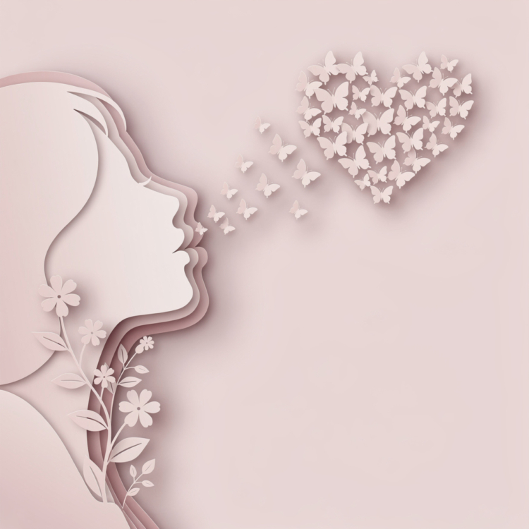 Minimalist paper art style of a woman's layered profile with floral accents, releasing butterflies forming a heart shape
