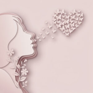 Minimalist paper art style of a woman's layered profile with floral accents, releasing butterflies forming a heart shape