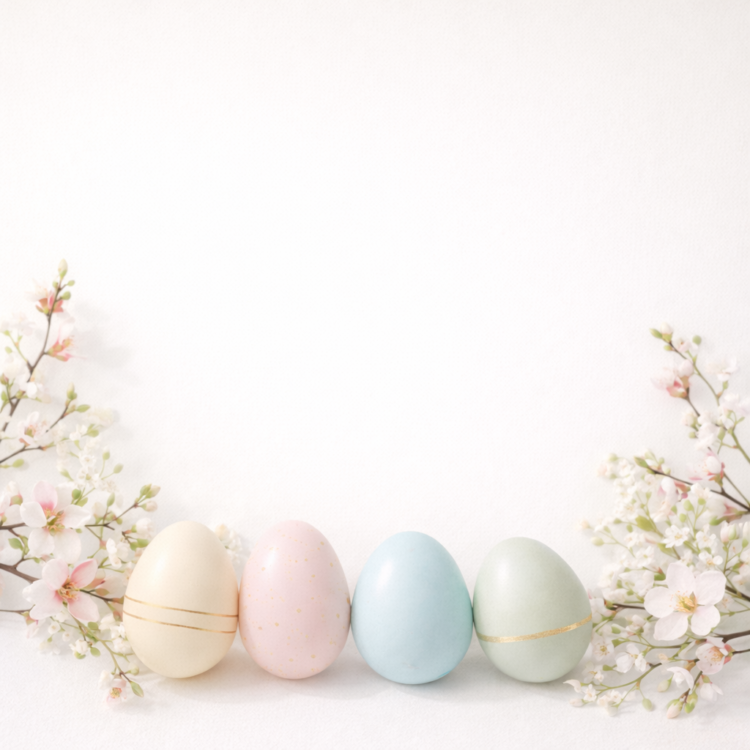 Four pastel-colored Easter eggs with subtle gold accents arranged between delicate white and pink blossom branches on a white background