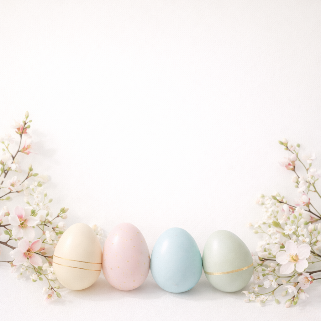 Four pastel-colored Easter eggs with subtle gold accents arranged between delicate white and pink blossom branches on a white background