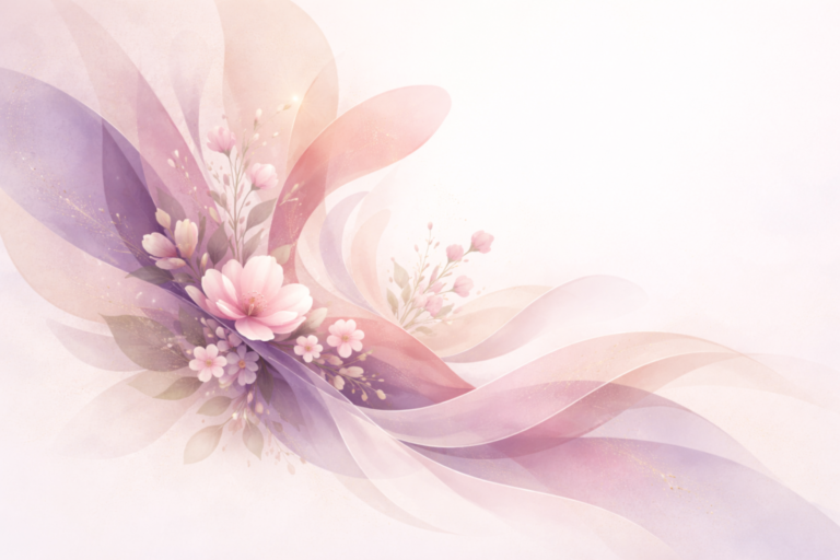 Soft pastel abstract composition with pink and purple flowers and flowing translucent shapes on a light background