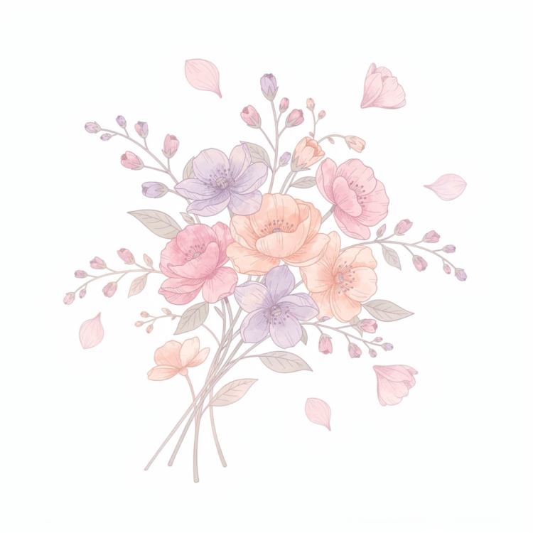Delicate pastel floral bouquet with pink, purple, and peach flowers and green leaves on a white background