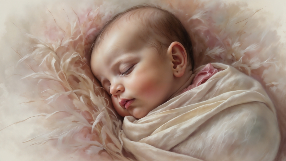 Close-up portrait of a peacefully sleeping baby wrapped in a soft cream-colored blanket against a fluffy background