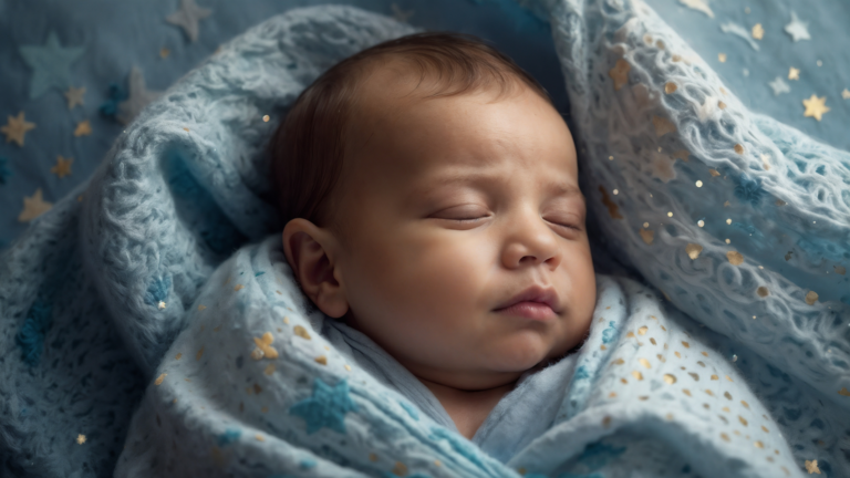 Close-up of a peacefully sleeping baby wrapped in a soft blue blanket adorned with star patterns and golden accents