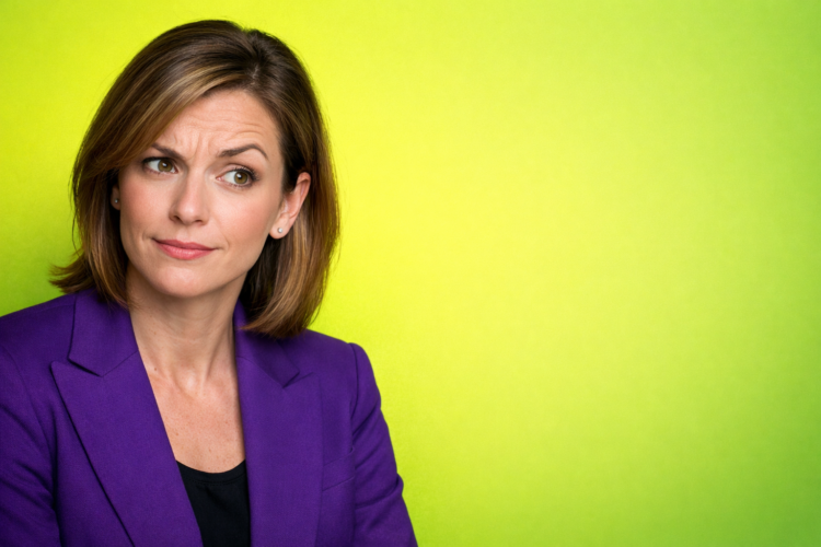 Portrait of a thoughtful woman wearing a purple jacket looking to the side with a skeptical expression on a bright green background
