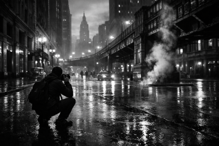 A photographer crouches on a wet city street at night, capturing the rainy urban environment with steam rising under a bridge