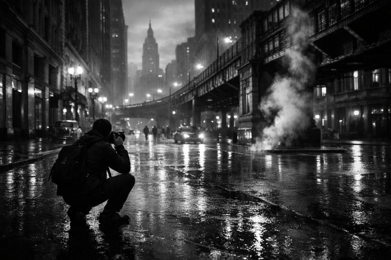 A photographer crouches on a wet city street at night, capturing the rainy urban environment with steam rising under a bridge
