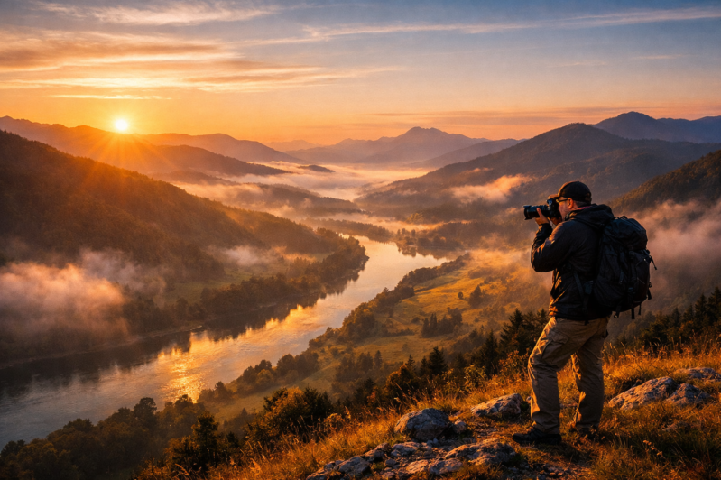 Landscape photography - A photographer with backpack taking photos of a river winding through misty mountains at sunrise with warm golden light