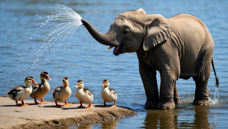 A baby elephant standing in shallow water playfully spraying water from its trunk toward a group of six curious ducklings on a sandy edge.