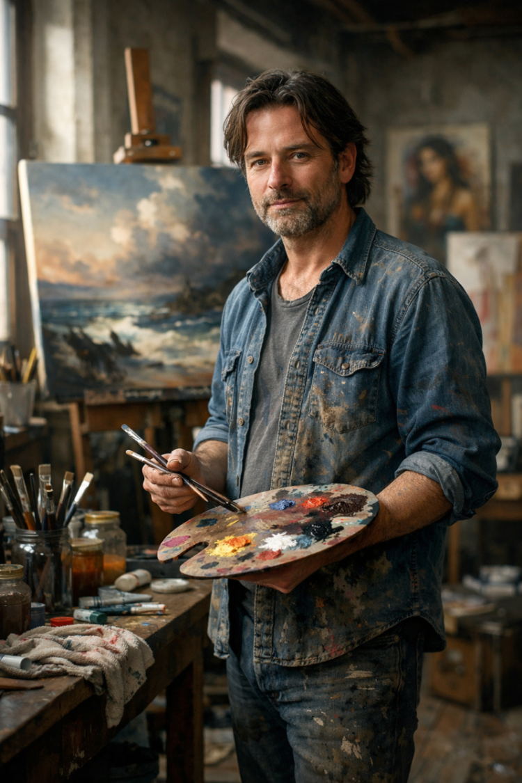 Male artist in a paint-stained outfit holding a palette and brushes with a seascape painting on an easel in a rustic, well-lit art studio