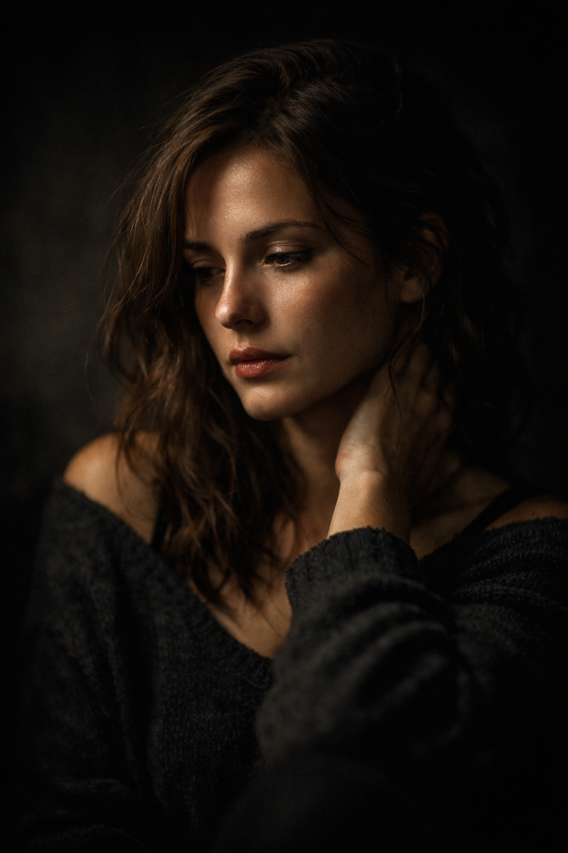 Close-up portrait of a woman with shoulder-length brown hair looking downward, wearing a dark sweater against a dark background