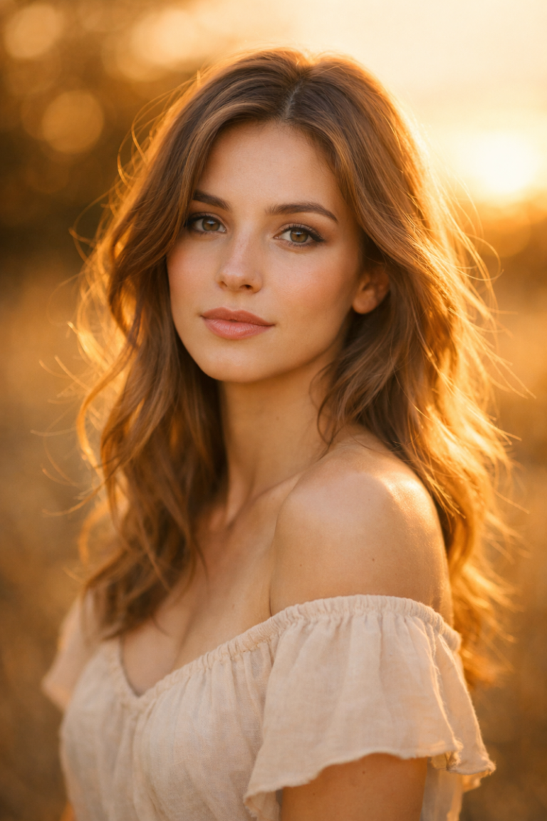 A young woman with long wavy brown hair and natural makeup, wearing an off-shoulder beige top, illuminated by warm golden hour light