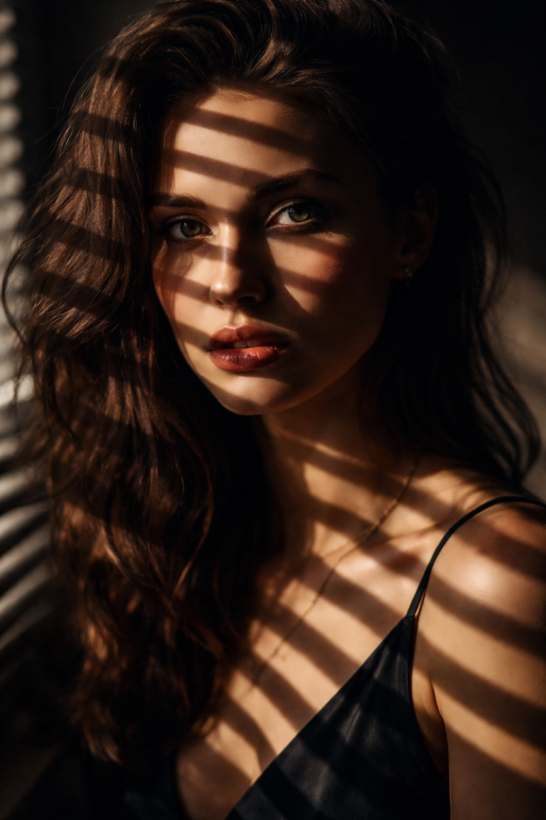 Close-up portrait of a woman with long hair illuminated by window blinds casting striped shadows on her face and shoulders