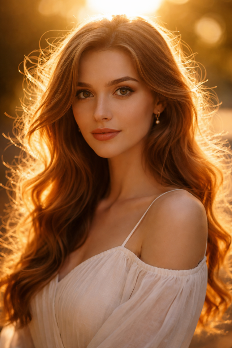 Close-up portrait of a young woman with long red hair backlit by the golden sun, wearing an off-shoulder white dress