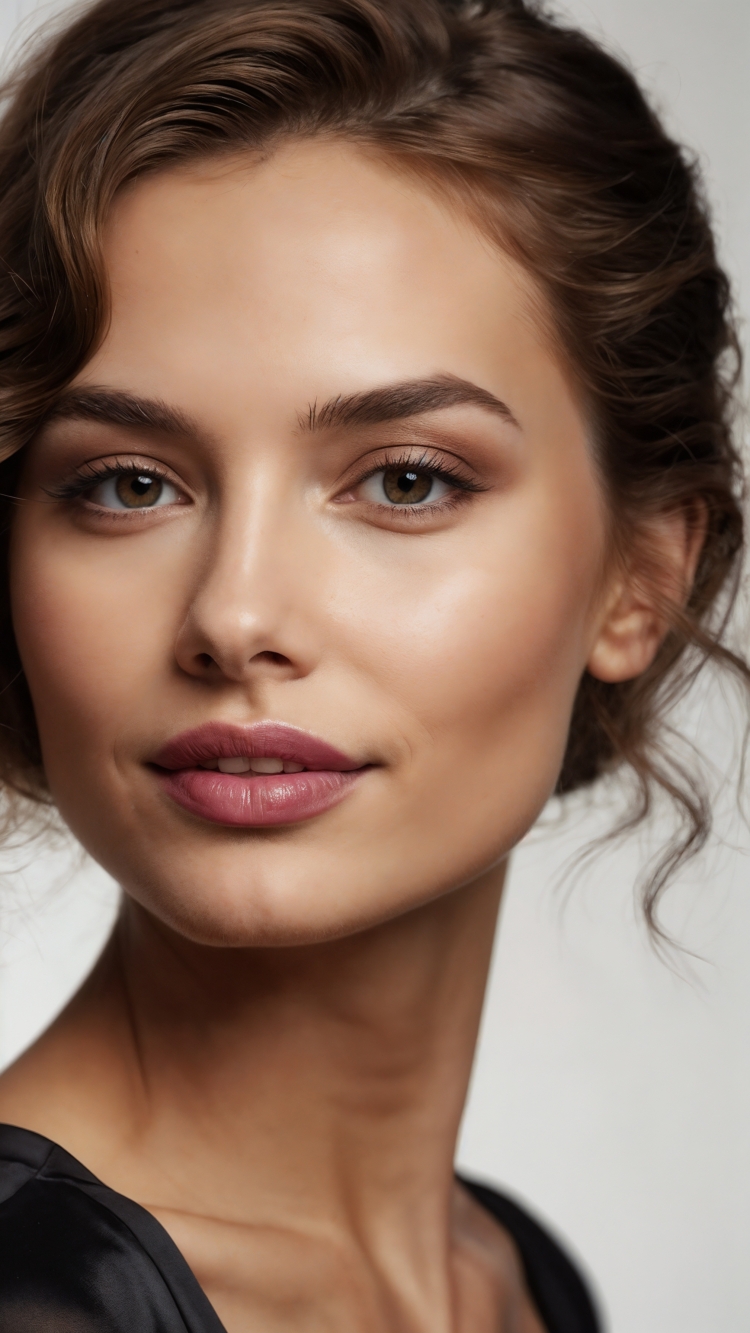 Close-up portrait of a young woman with natural makeup and soft expression, wavy brown hair and smooth skin