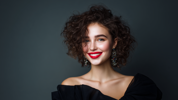Happy young woman with curly brown hair, bright red lipstick, blue eyes, and statement earrings wearing a black off-shoulder top