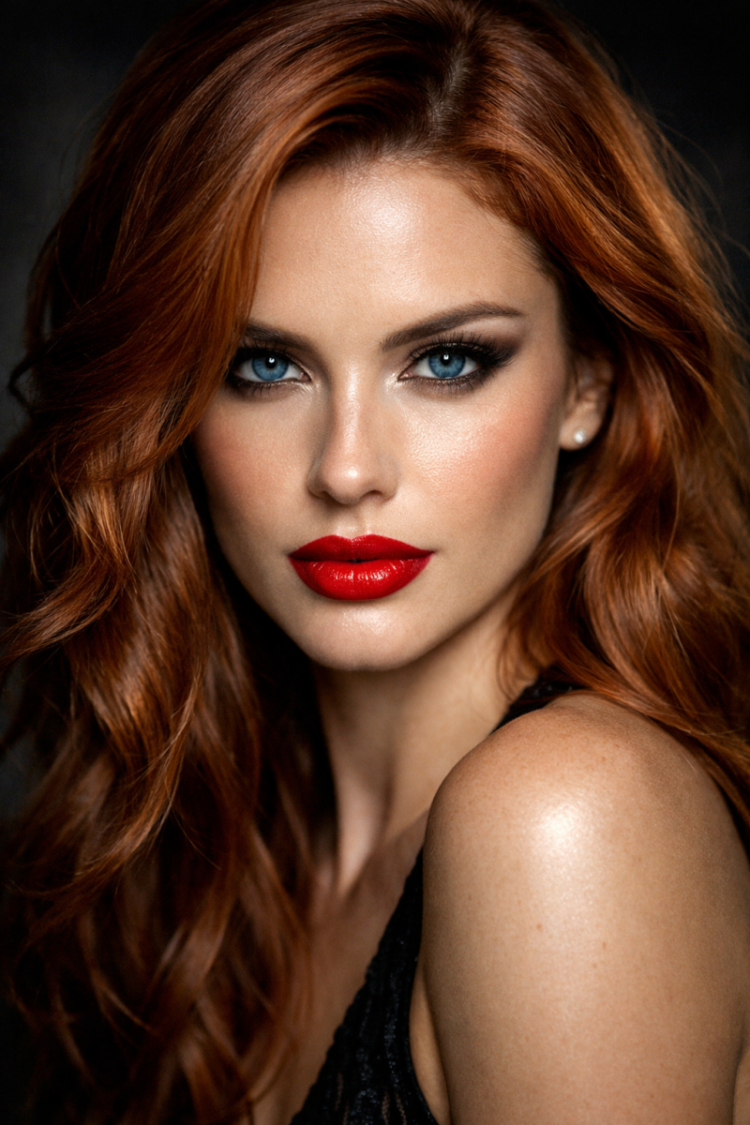 Close-up portrait of a woman with long red hair, striking blue eyes, flawless skin, and bold red lipstick against a dark background