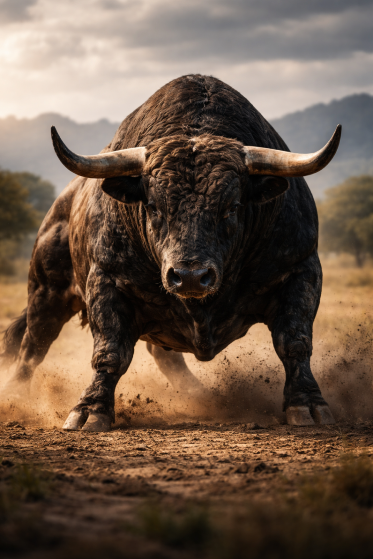 A powerful bull with large curved horns charging forward on dusty terrain in a natural outdoor setting with hills and trees blurred in background