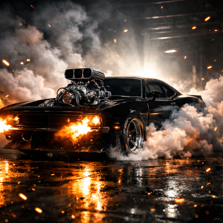 Black muscle car with a large engine blowing flames and surrounded by dense smoke and sparks in a dark industrial setting