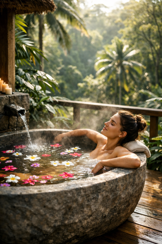 Woman enjoying a steaming outdoor stone tub filled with colorful flower petals surrounded by lush tropical greenery