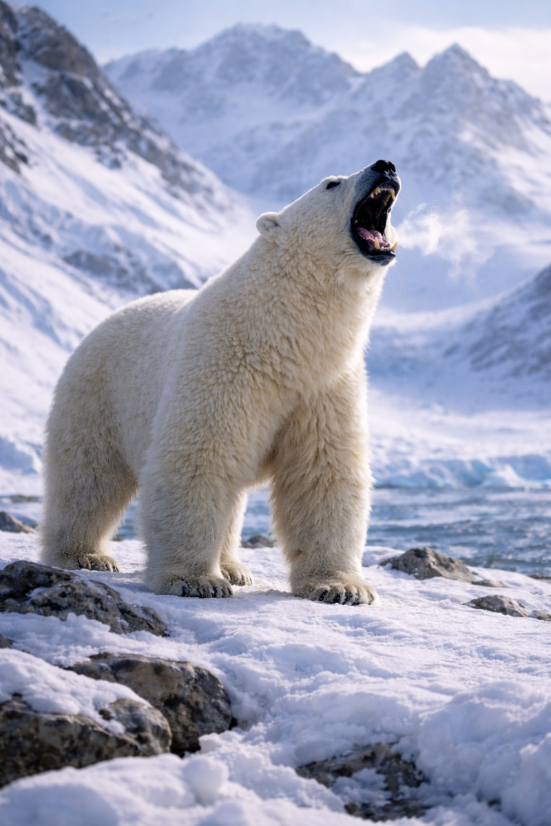 A large polar bear roaring on snowy rocky ground with icy mountains and frozen sea in background under cold sky