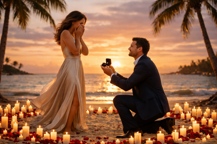 Man kneeling with ring box proposing to woman on beach at sunset surrounded by candles and rose petals