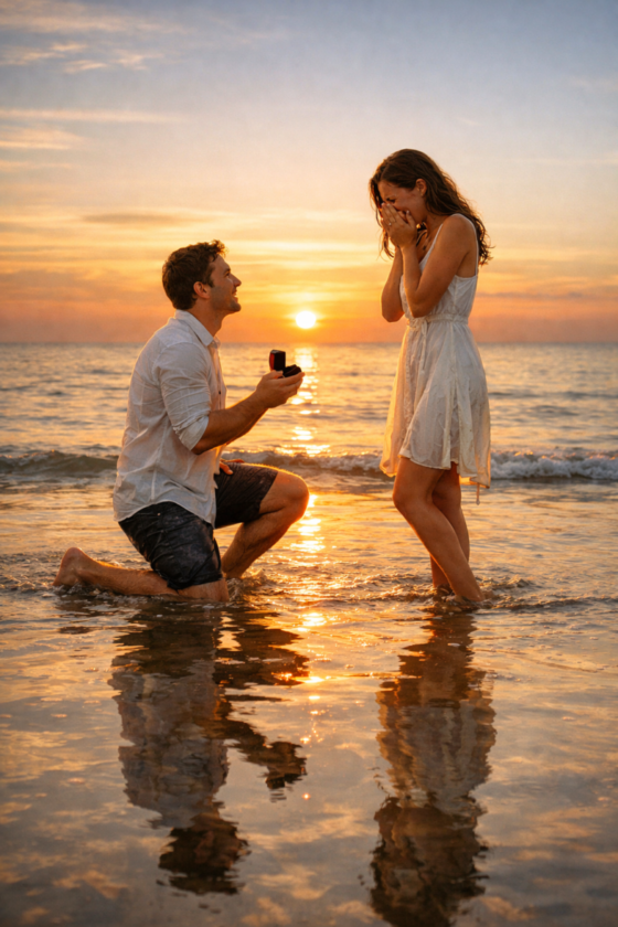 Man kneeling on one knee in water at sunset proposing to woman who covers her face in surprise