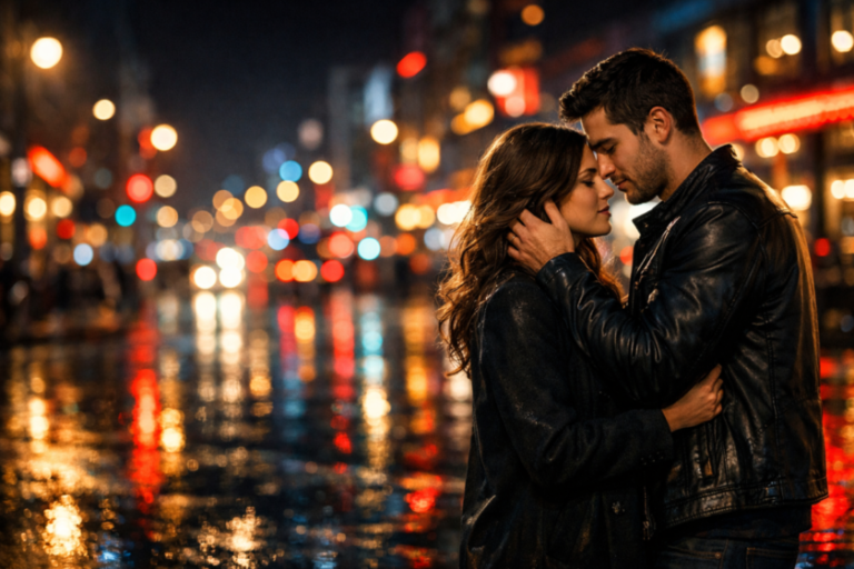 Couple in dark clothes embracing tenderly on a wet city street illuminated by colorful blurred lights at night