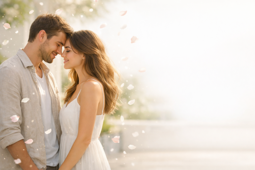 Loving young couple standing close with foreheads touching surrounded by gentle falling flower petals in warm light