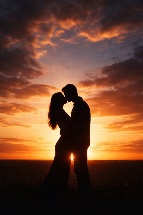 Silhouette of a couple embracing and about to kiss during a vibrant sunset with orange and purple clouds