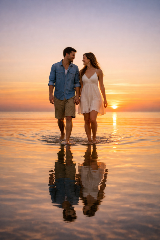 Couple holding hands walking barefoot in shallow water at sunset on a beach with warm glowing sky