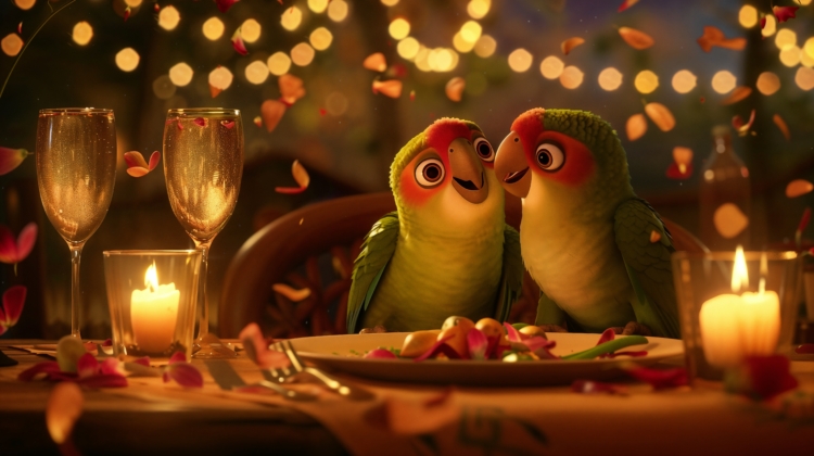 Two colorful parrots having a romantic candlelit dinner with rose petals and sparkling drinks in soft evening light