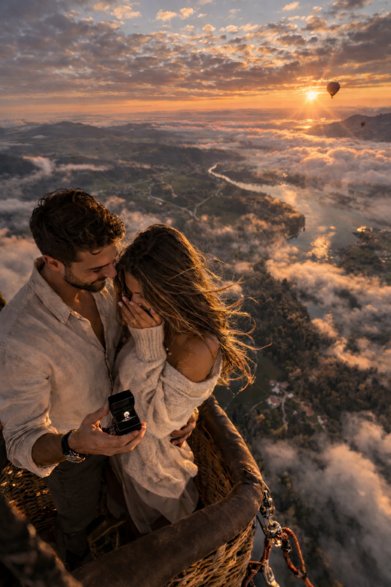 Couple in hot air balloon at sunrise with a man proposing marriage with an engagement ring over scenic landscape