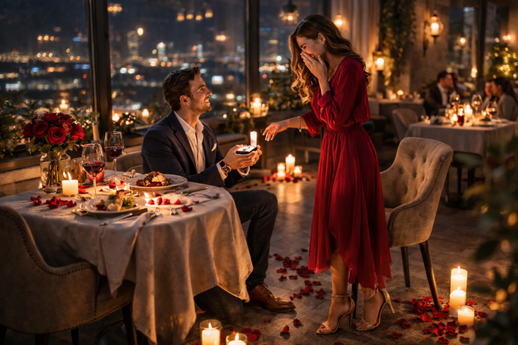Man proposing to woman amid candlelight and rose petals in a luxurious restaurant with night cityscape view