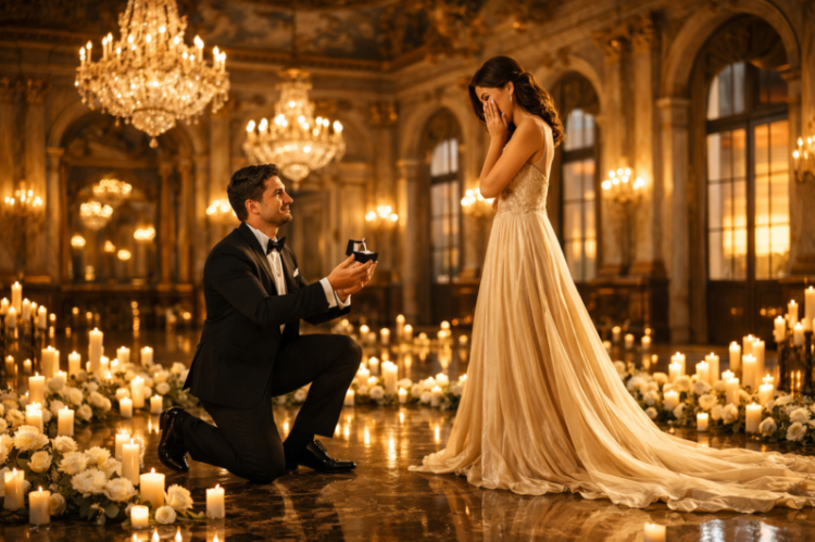 magical marriage proposal ideas - Man in tuxedo kneeling to propose marriage to woman in elegant long beige gown surrounded by flowers and candles