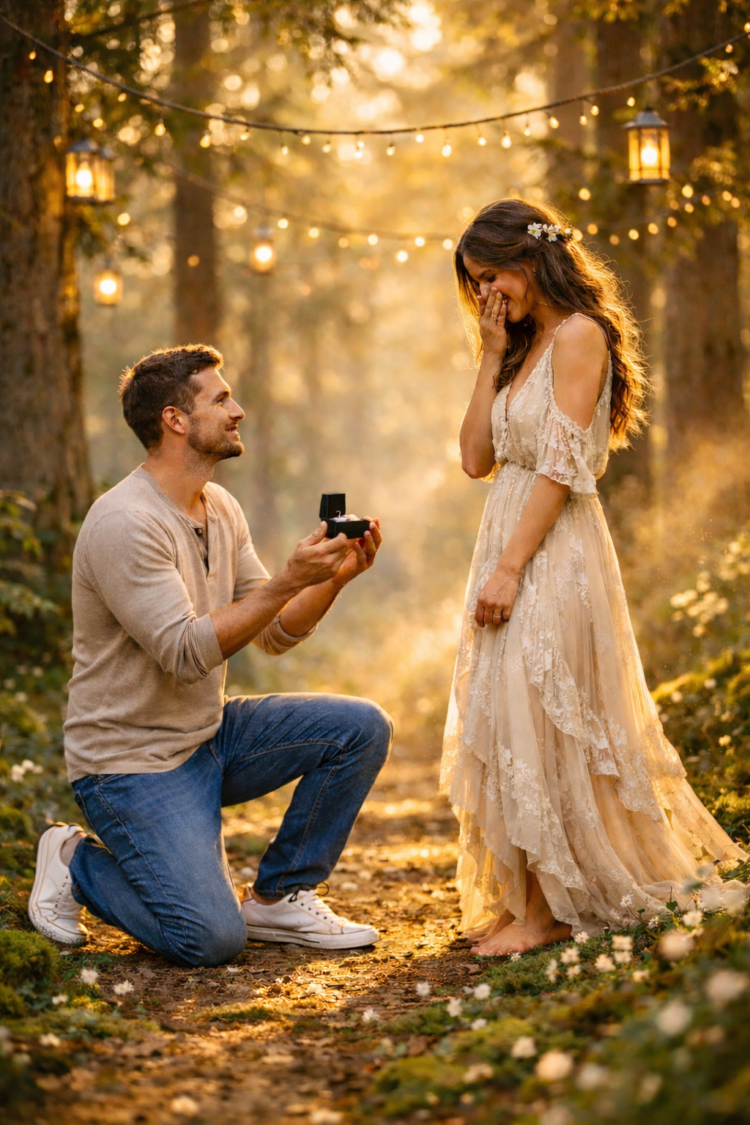 Man kneeling with engagement ring proposing to woman in flowing dress amid fairy lights in forest