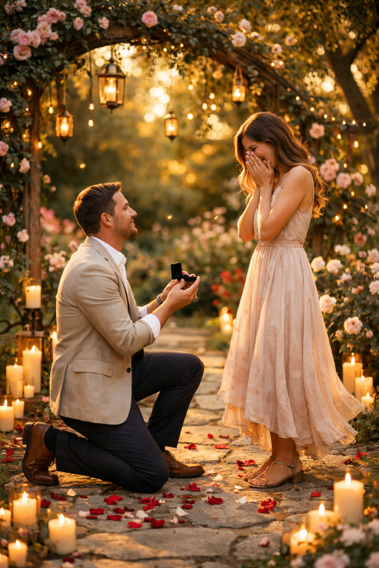Man kneeling with an open ring box proposing to a woman in a flowing dress under a flower arch with candles and lights