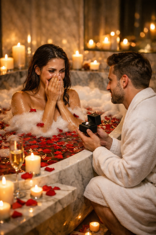 A man in a bathrobe proposing with a ring to a surprised woman in a bubble bath with rose petals and candles