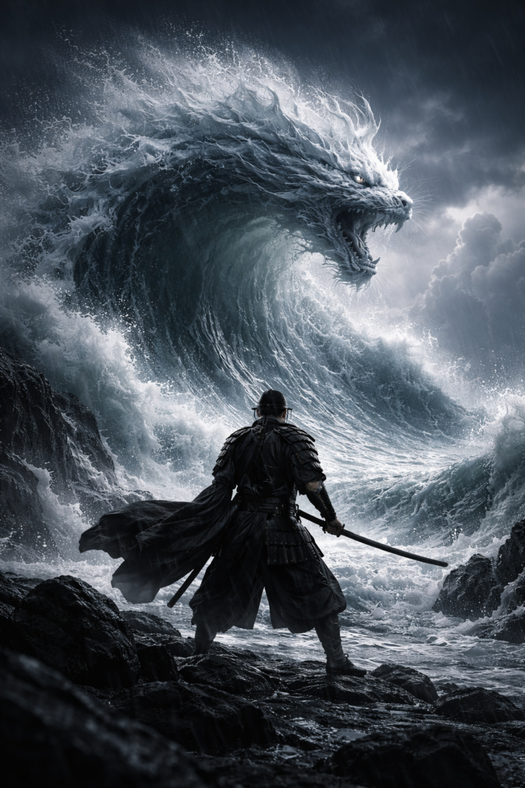 A lone samurai stands on rocky shore confronting a massive wave shaped like a fierce water dragon in a stormy ocean scene.